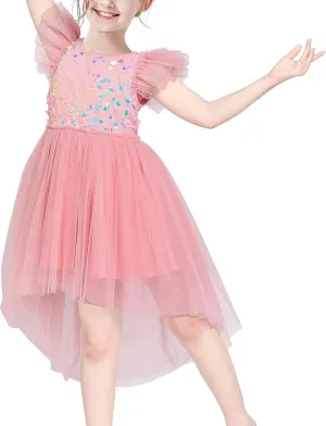 Sunny Fashion Girls Dress Pink Sequin Wedding Hi-Low Tulle Skirt Tutu Flutter Sleeve
