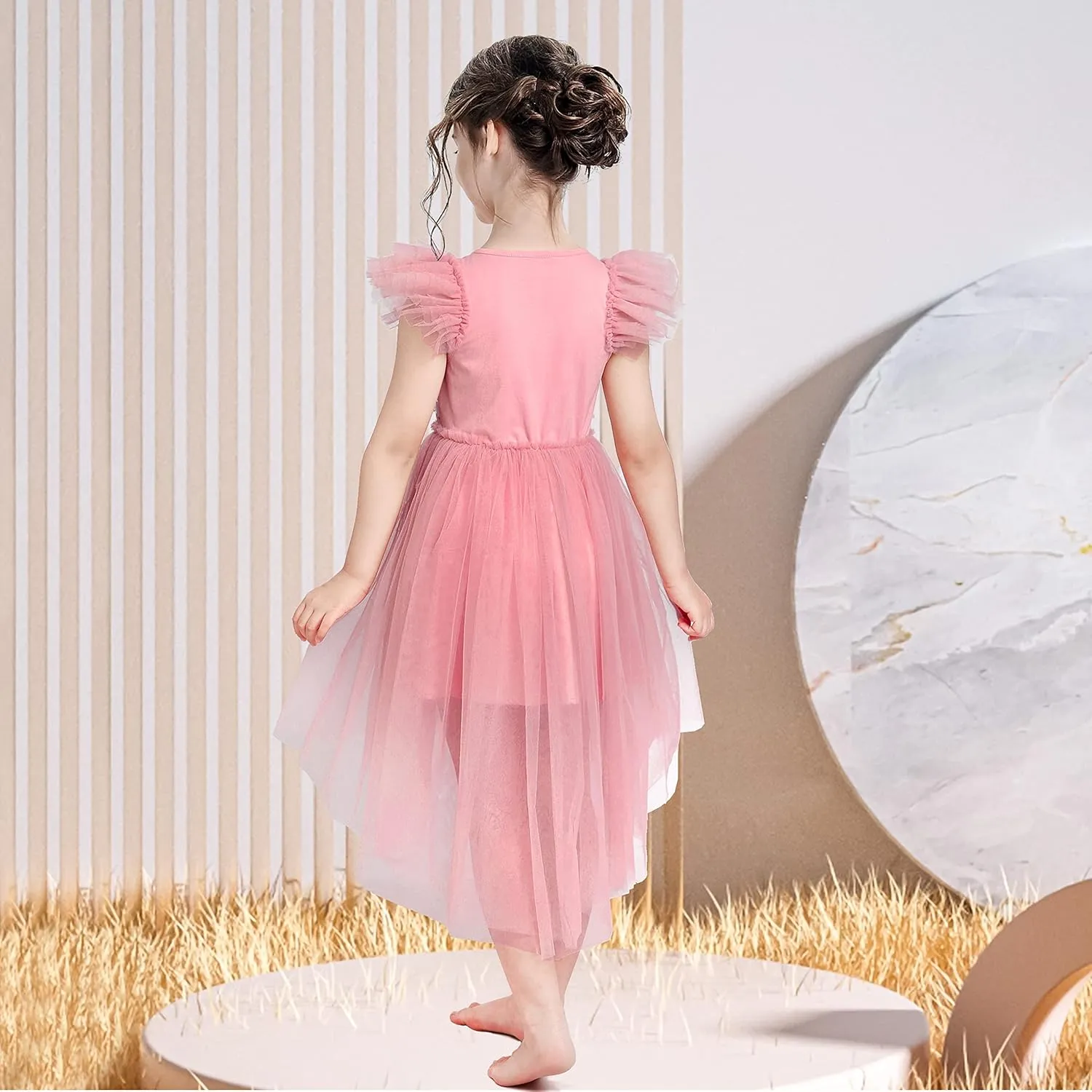 Sunny Fashion Girls Dress Pink Sequin Wedding Hi-Low Tulle Skirt Tutu Flutter Sleeve