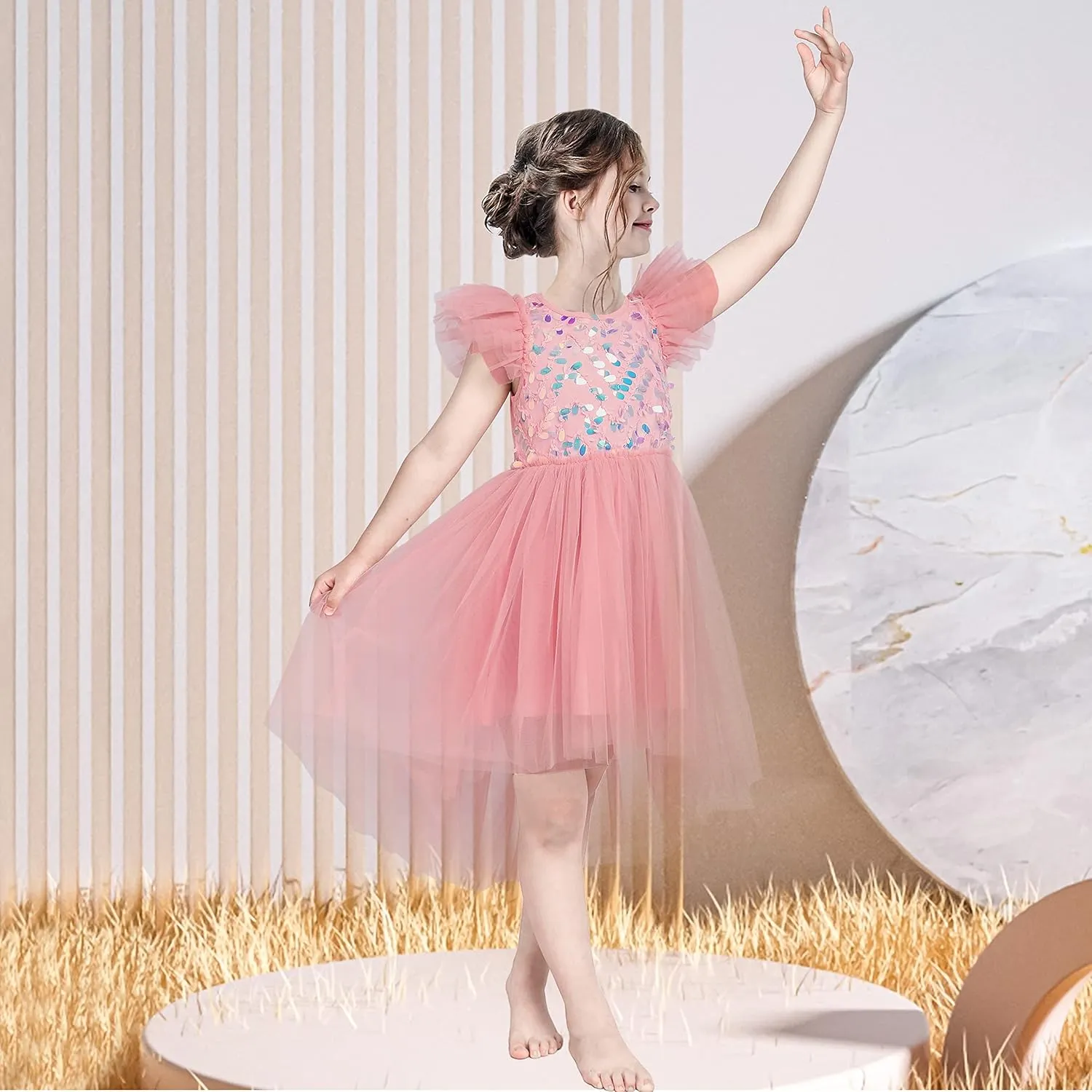 Sunny Fashion Girls Dress Pink Sequin Wedding Hi-Low Tulle Skirt Tutu Flutter Sleeve