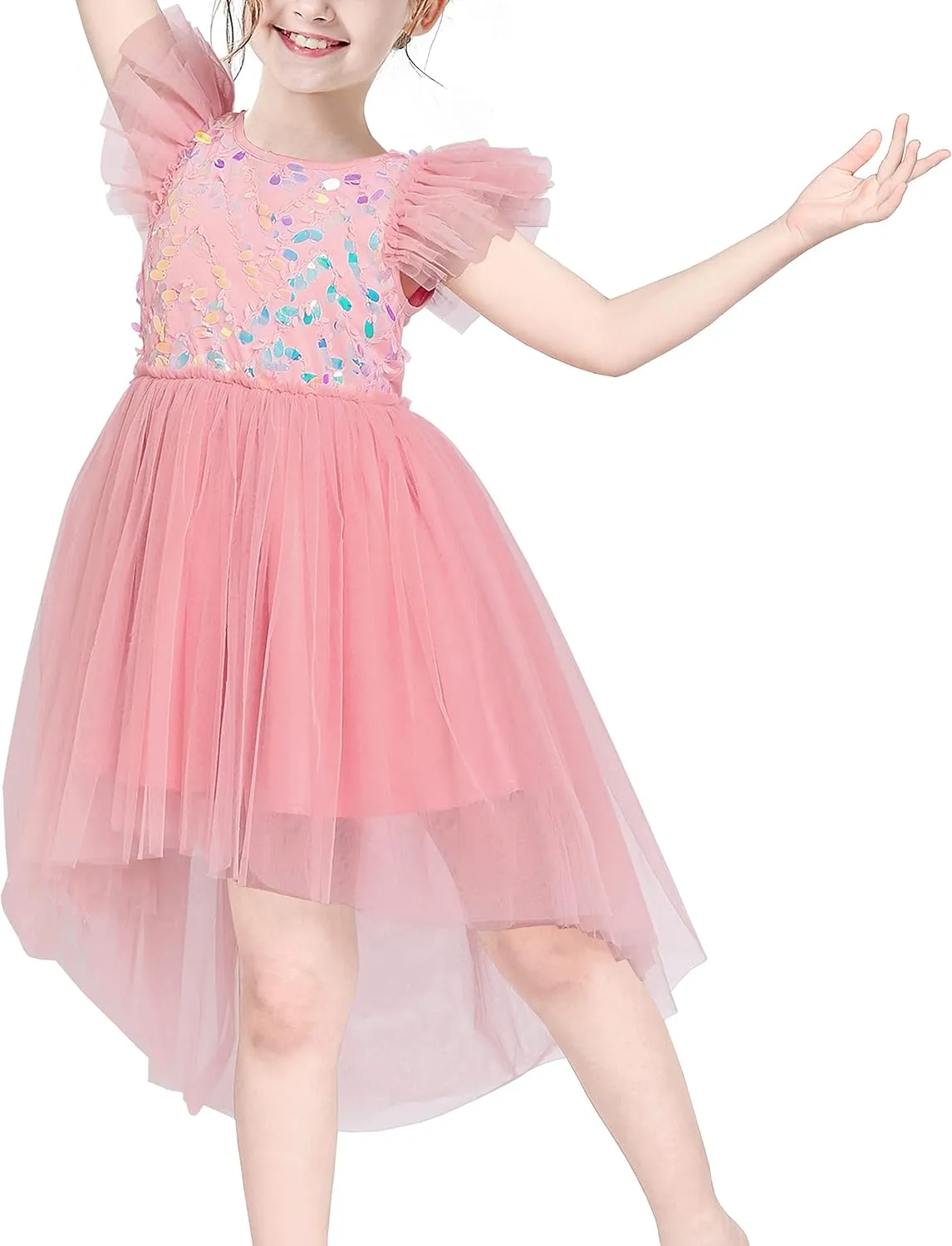 Sunny Fashion Girls Dress Pink Sequin Wedding Hi-Low Tulle Skirt Tutu Flutter Sleeve
