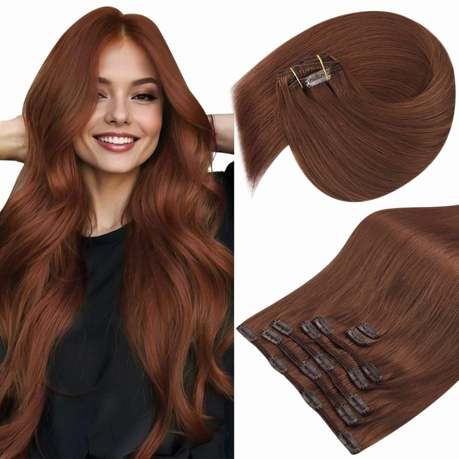 Sunny Hair Clip in Hair Extensions Straight Human Hair Clip in Extensions Remy Clip in Hair Extensions Real Human Hair Extensions Clip ins Auburn Red Brown 22inch