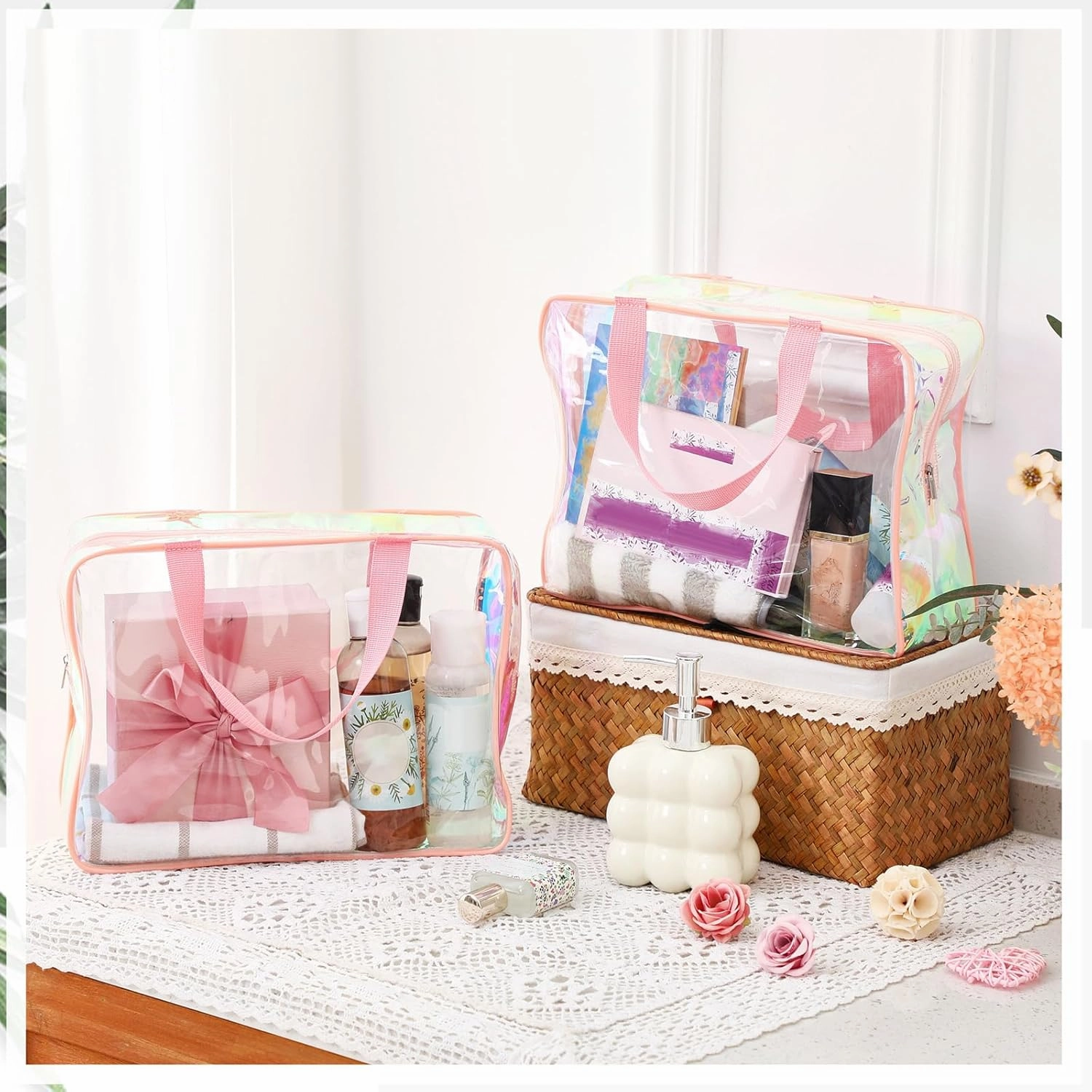 Sweetude 10 Pcs Large Clear Toiletry Bag Large Capacity Travel Makeup Bag PVC Clear Plastic Tote Punch Iridescent Cosmetic Clothes Organizer for Women Men(Pink)