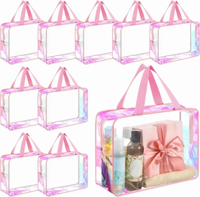 Sweetude 10 Pcs Large Clear Toiletry Bag Large Capacity Travel Makeup Bag PVC Clear Plastic Tote Punch Iridescent Cosmetic Clothes Organizer for Women Men(Pink)