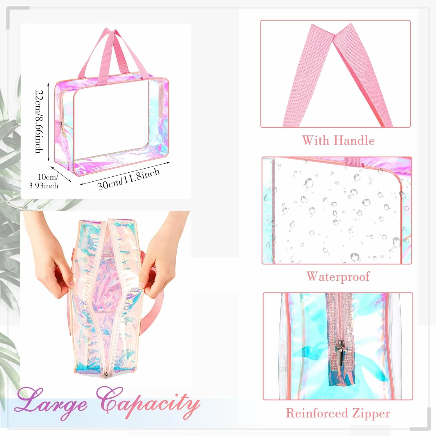 Sweetude 10 Pcs Large Clear Toiletry Bag Large Capacity Travel Makeup Bag PVC Clear Plastic Tote Punch Iridescent Cosmetic Clothes Organizer for Women Men(Pink)