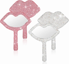 Tatuo 2 Pcs Rhinestone Mirror Handheld Bling Heart Lip Shaped Hand Mirror Glitter Cosmetic with Handle Portable Cute Travel Makeup Lash for Women(Lip,Pink and White)