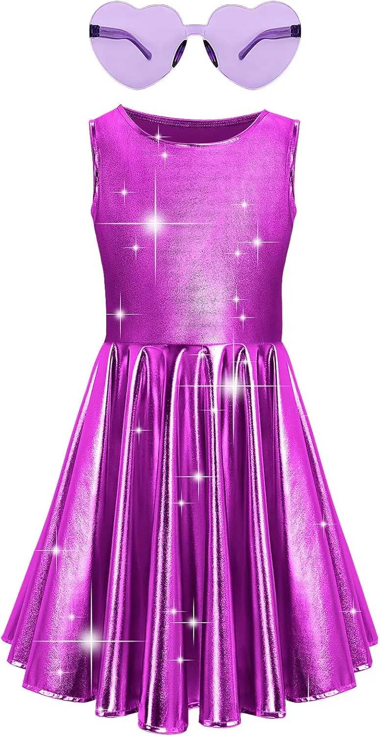 techcity Girls Metallic Shiny Dress Sparkle Flared Pleated Dresses with Sunglasses Party Dance Clothes Costumes