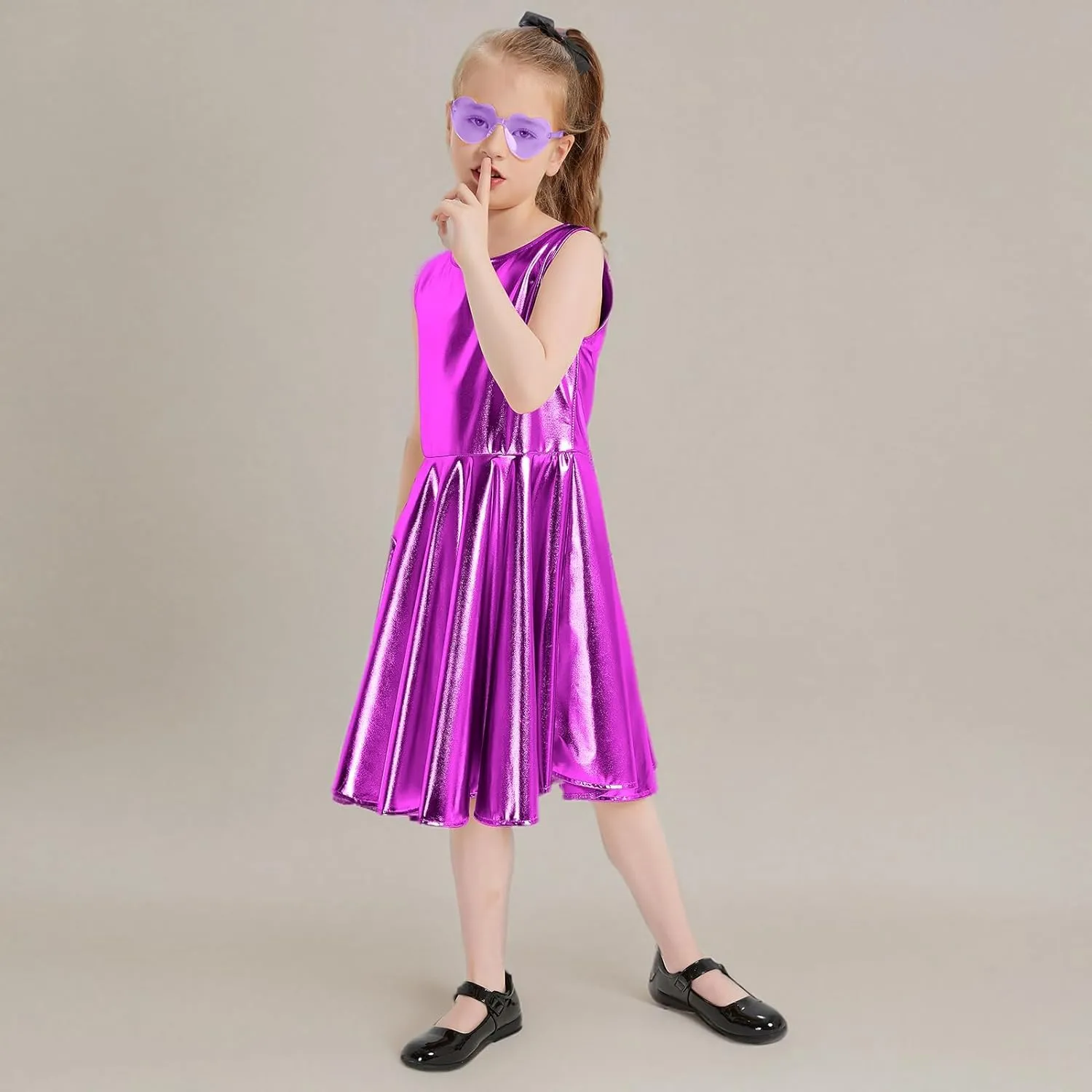 techcity Girls Metallic Shiny Dress Sparkle Flared Pleated Dresses with Sunglasses Party Dance Clothes Costumes