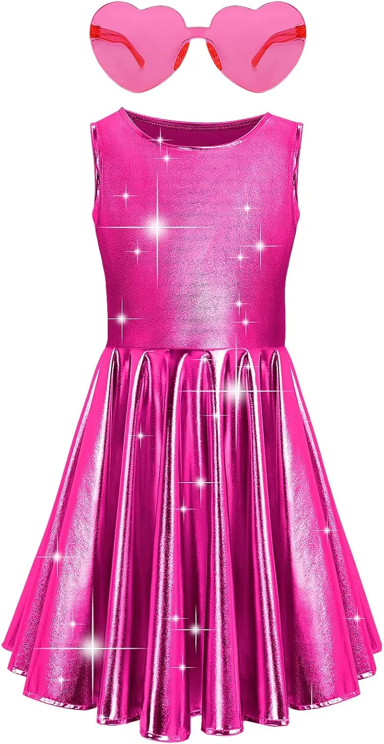 techcity Girls Metallic Shiny Dress Sparkle Flared Pleated Dresses with Sunglasses Party Dance Clothes Costumes