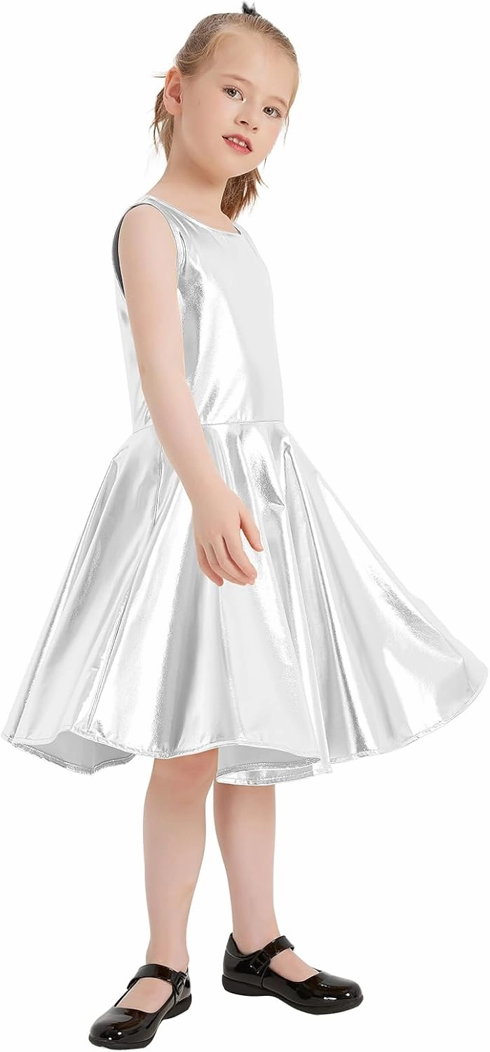 techcity Girls Metallic Shiny Dress Sparkle Flared Pleated Dresses with Sunglasses Party Dance Clothes Costumes