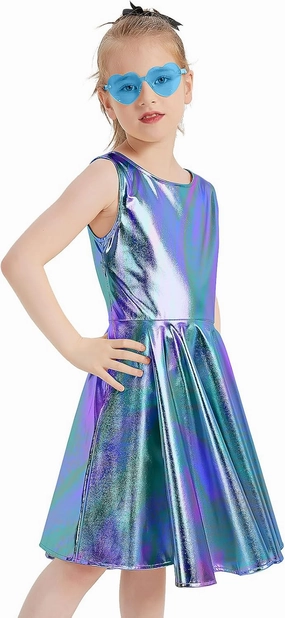 techcity Girls Metallic Shiny Dress Sparkle Flared Pleated Dresses with Sunglasses Party Dance Clothes Costumes