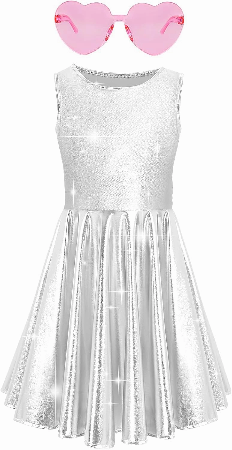 techcity Girls Metallic Shiny Dress Sparkle Flared Pleated Dresses with Sunglasses Party Dance Clothes Costumes