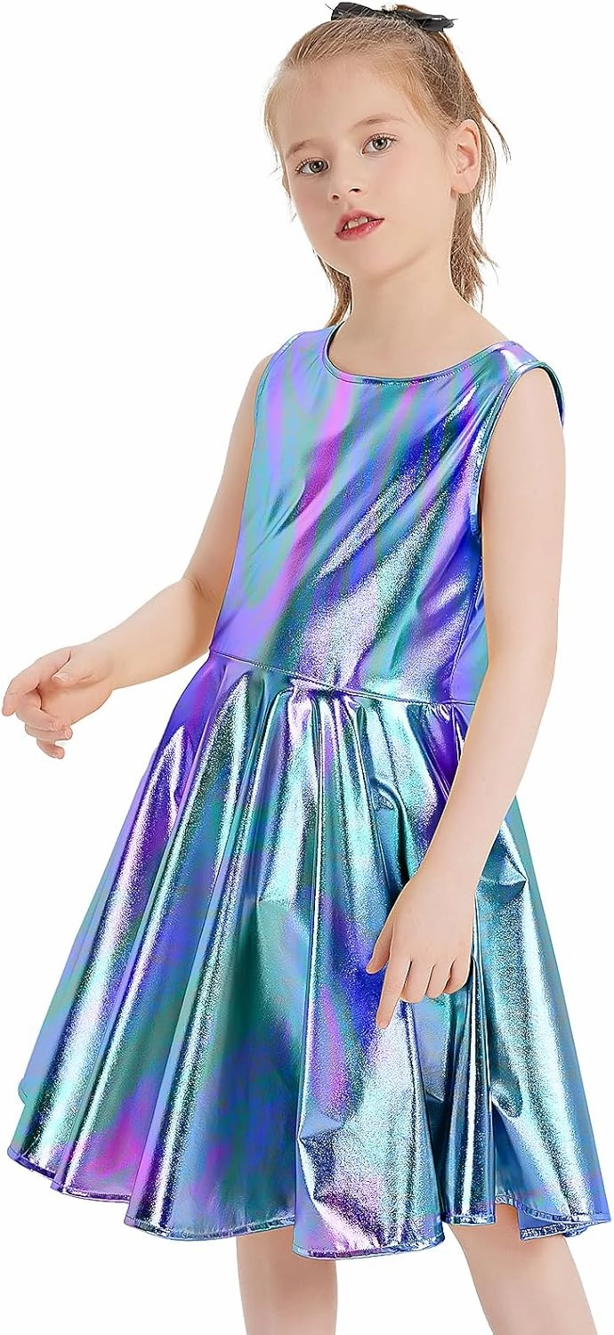 techcity Girls Metallic Shiny Dress Sparkle Flared Pleated Dresses with Sunglasses Party Dance Clothes Costumes