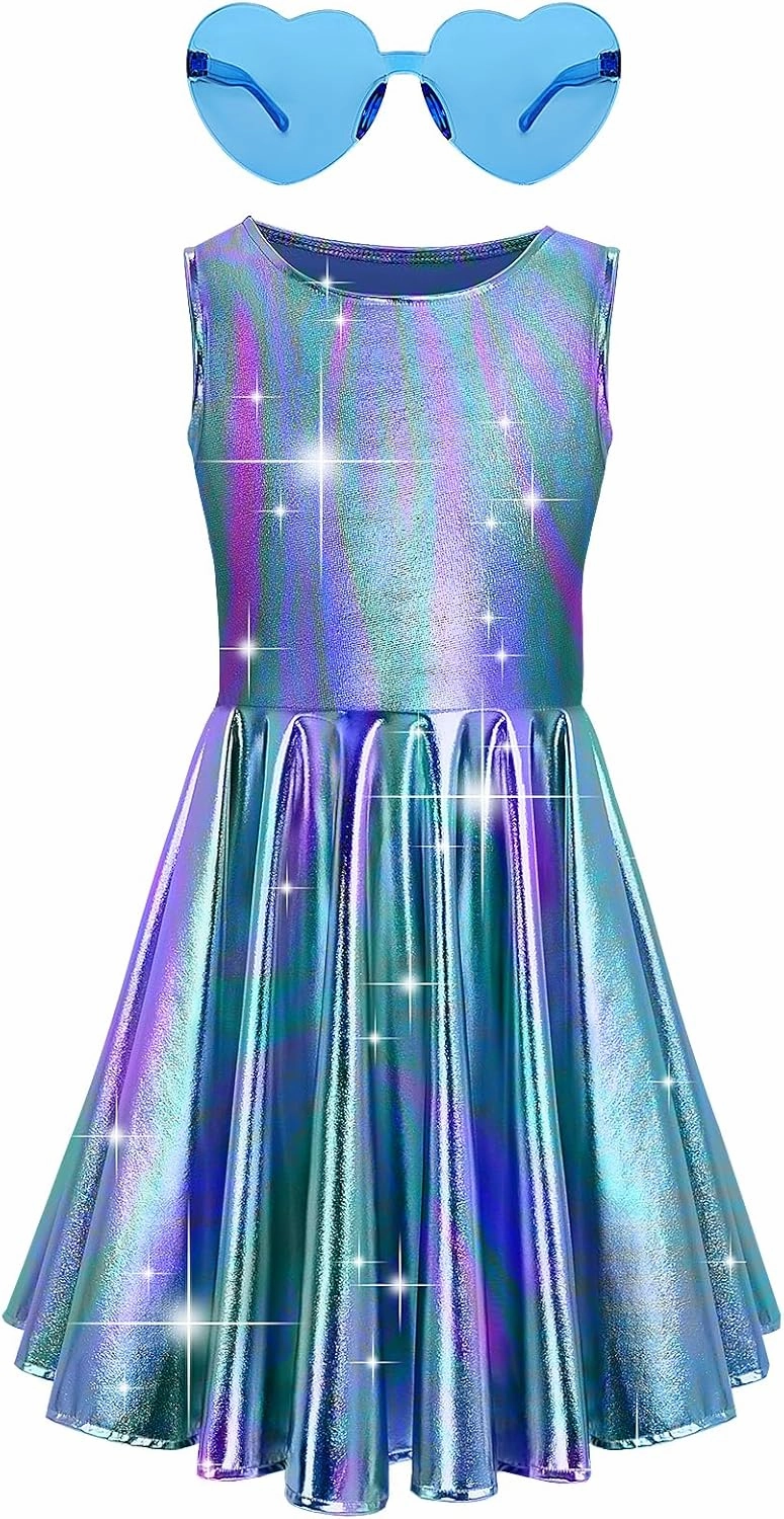 techcity Girls Metallic Shiny Dress Sparkle Flared Pleated Dresses with Sunglasses Party Dance Clothes Costumes