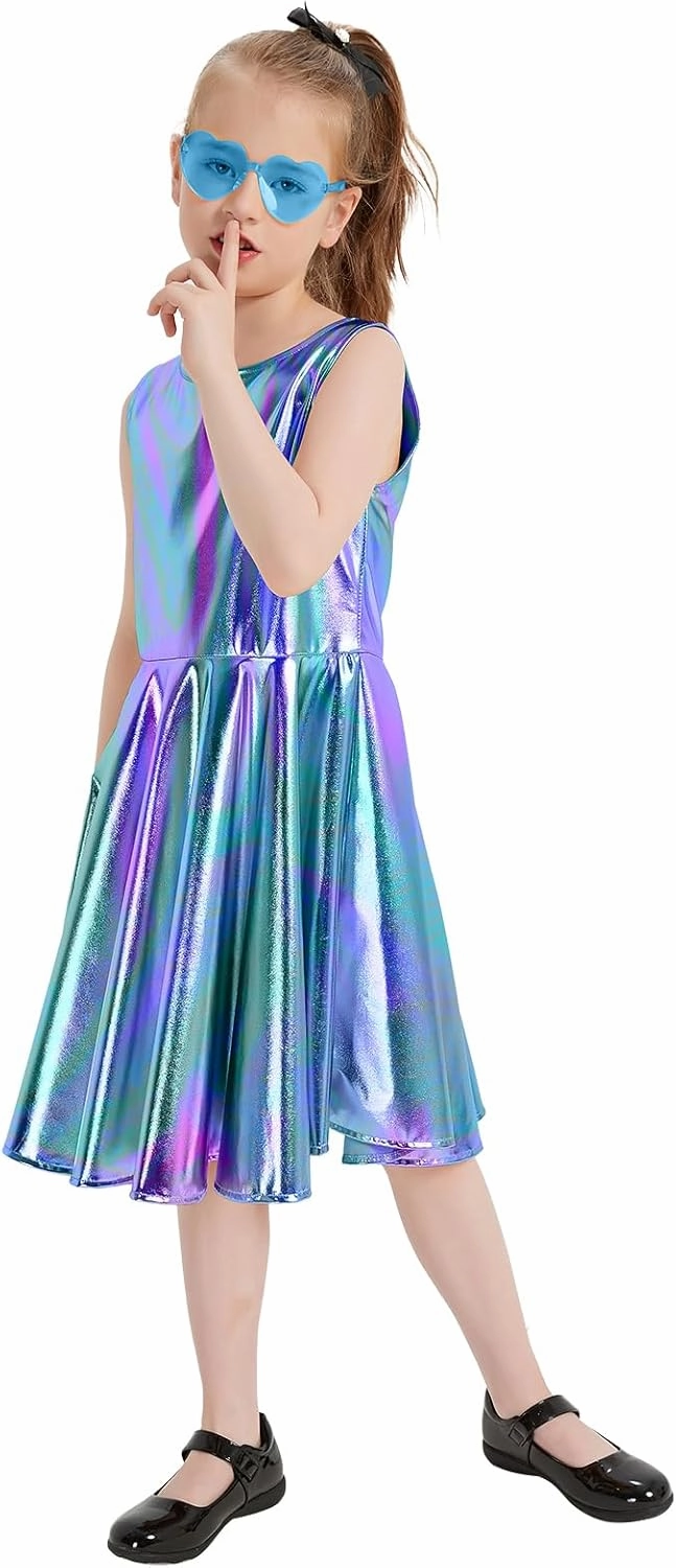 techcity Girls Metallic Shiny Dress Sparkle Flared Pleated Dresses with Sunglasses Party Dance Clothes Costumes