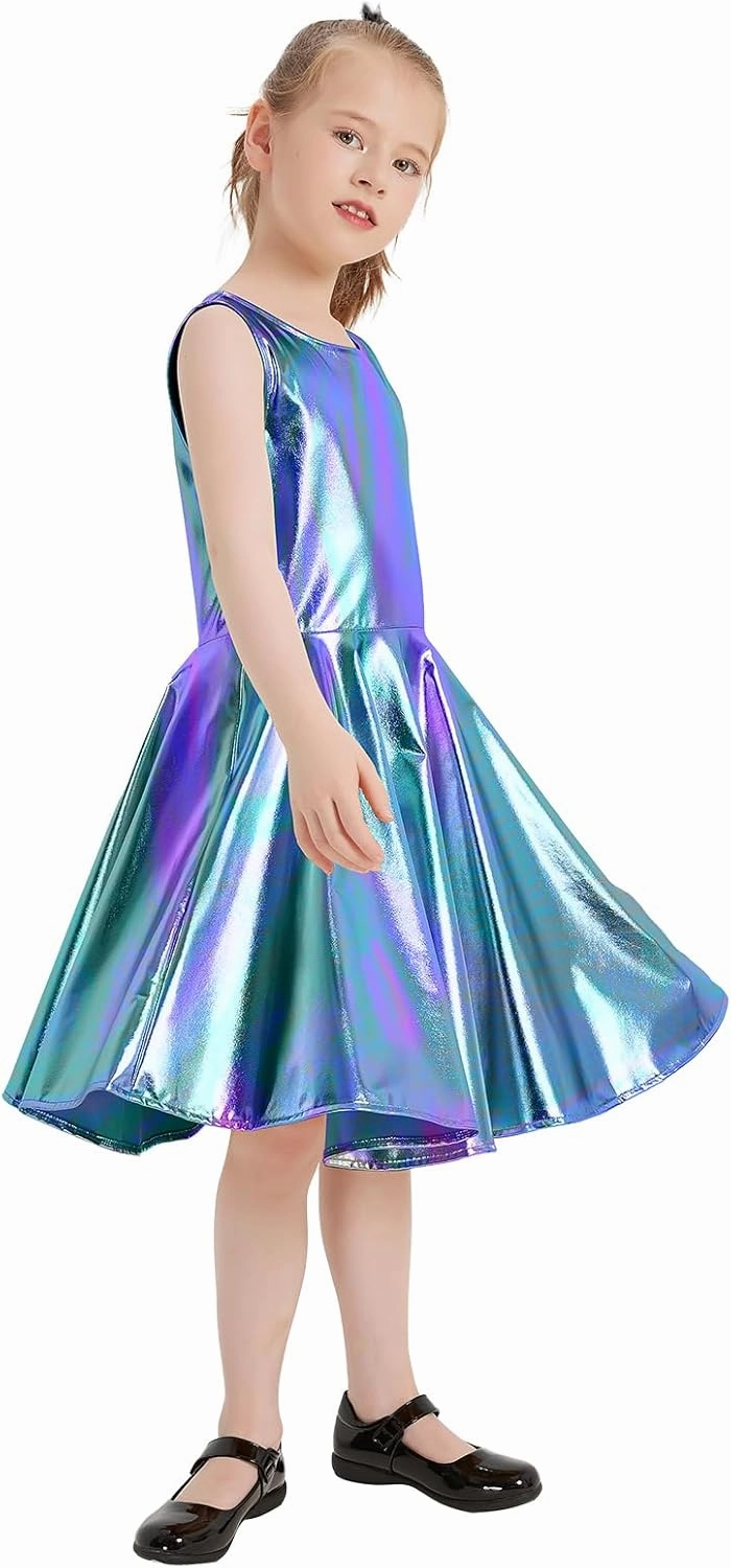 techcity Girls Metallic Shiny Dress Sparkle Flared Pleated Dresses with Sunglasses Party Dance Clothes Costumes