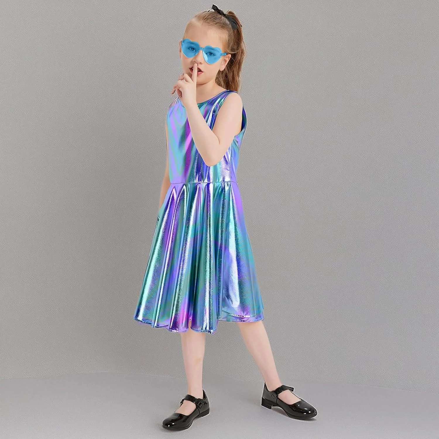 techcity Girls Metallic Shiny Dress Sparkle Flared Pleated Dresses with Sunglasses Party Dance Clothes Costumes