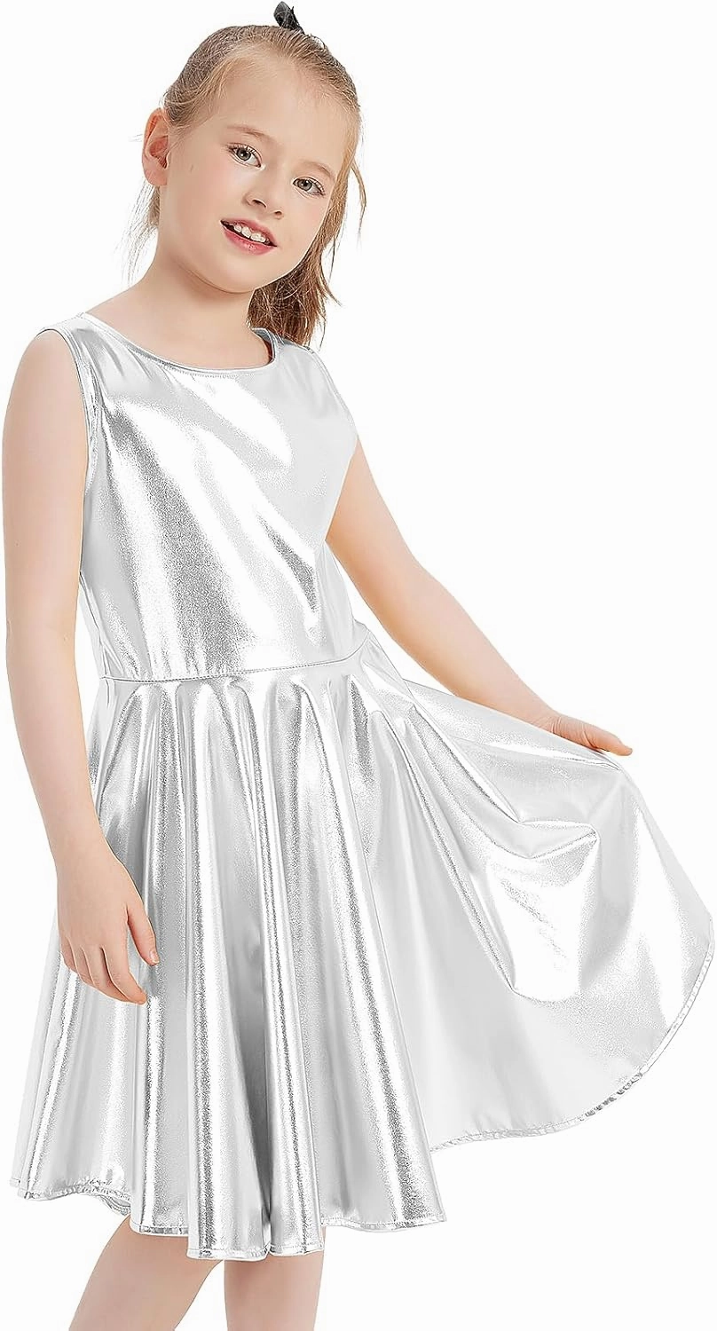 techcity Girls Metallic Shiny Dress Sparkle Flared Pleated Dresses with Sunglasses Party Dance Clothes Costumes