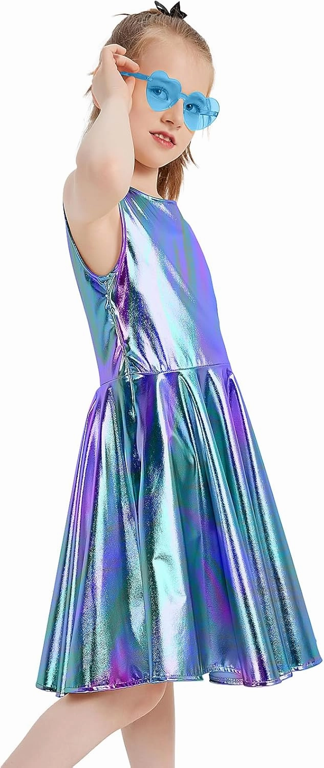 techcity Girls Metallic Shiny Dress Sparkle Flared Pleated Dresses with Sunglasses Party Dance Clothes Costumes