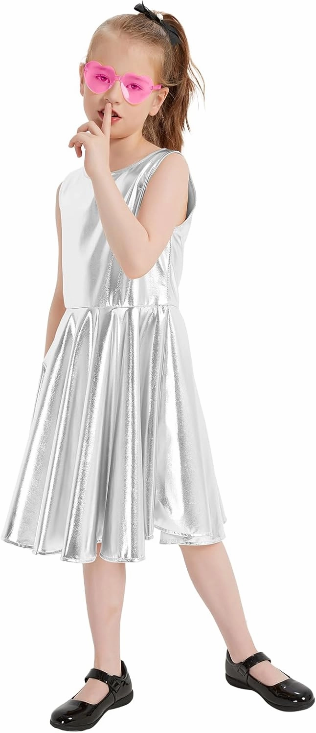 techcity Girls Metallic Shiny Dress Sparkle Flared Pleated Dresses with Sunglasses Party Dance Clothes Costumes