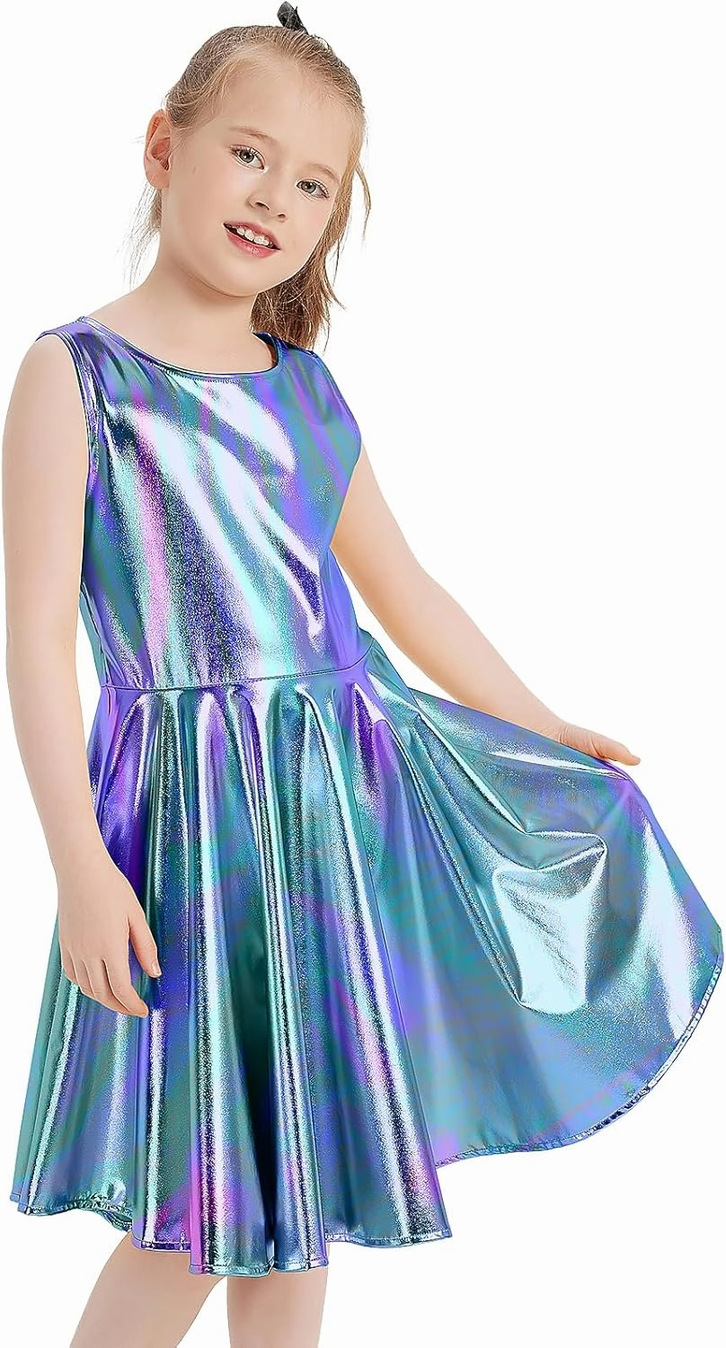 techcity Girls Metallic Shiny Dress Sparkle Flared Pleated Dresses with Sunglasses Party Dance Clothes Costumes