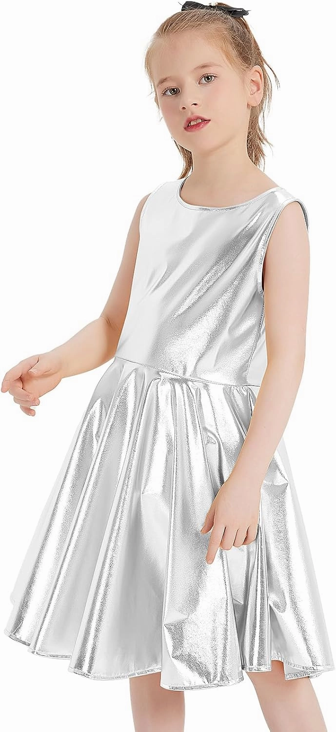 techcity Girls Metallic Shiny Dress Sparkle Flared Pleated Dresses with Sunglasses Party Dance Clothes Costumes
