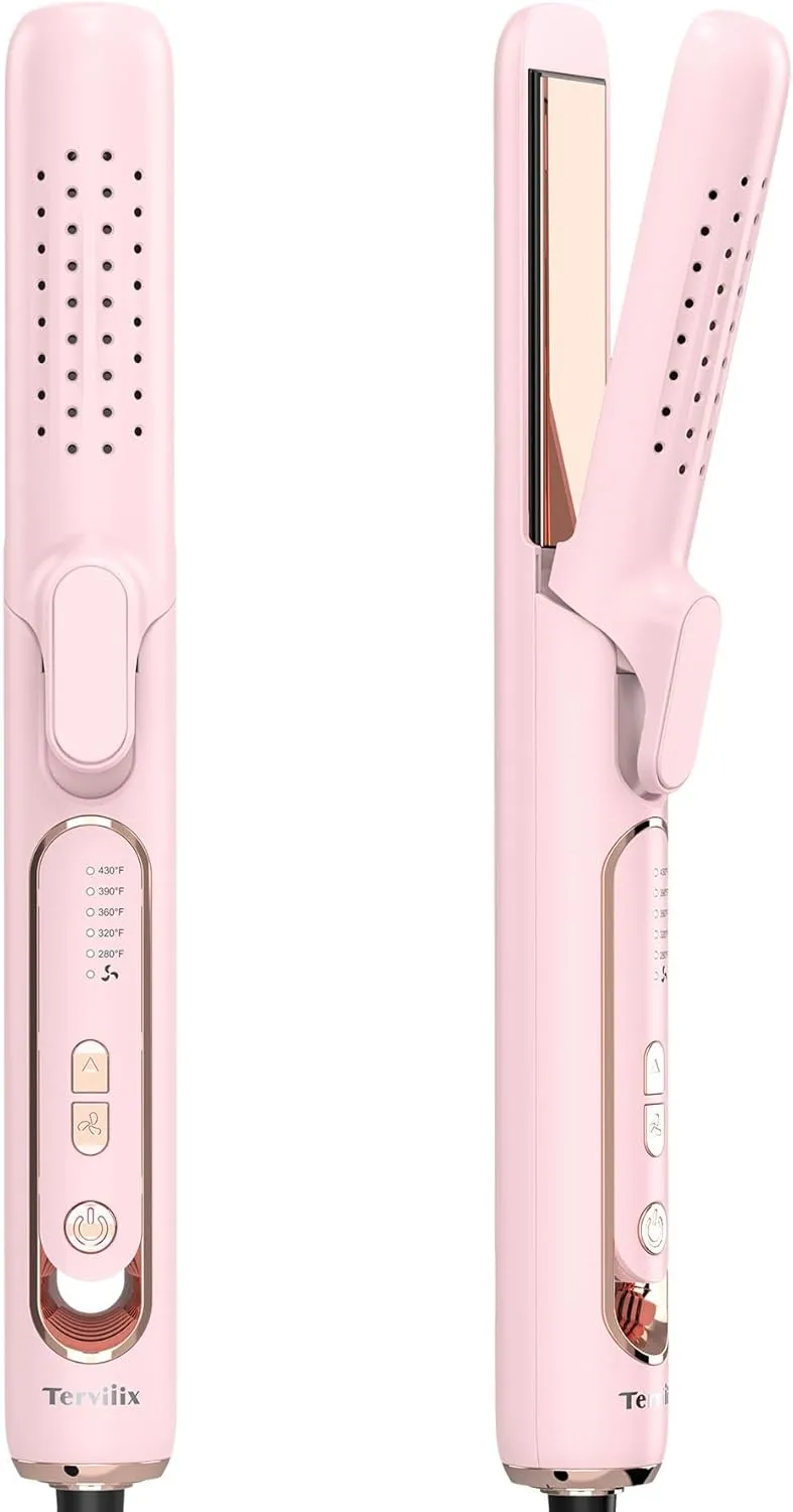 Terviiix Airflow Styler Hair Straightener & Curler, Titanium Flat Iron for Travel, Straightening Iron with Cooling Air Vents to Lock in Style, 5 Adjustable Temp, Auto Shut Off, Dual Voltage, Pink