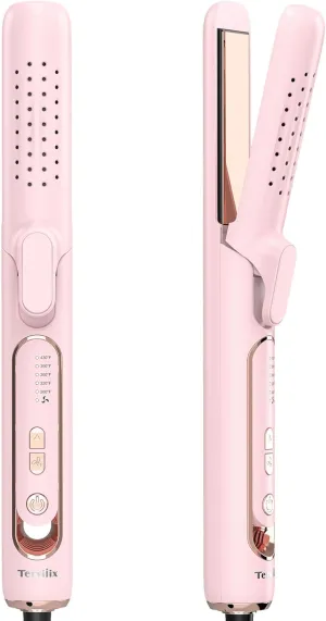 Terviiix Airflow Styler Hair Straightener & Curler, Titanium Flat Iron for Travel, Straightening Iron with Cooling Air Vents to Lock in Style, 5 Adjustable Temp, Auto Shut Off, Dual Voltage, Pink