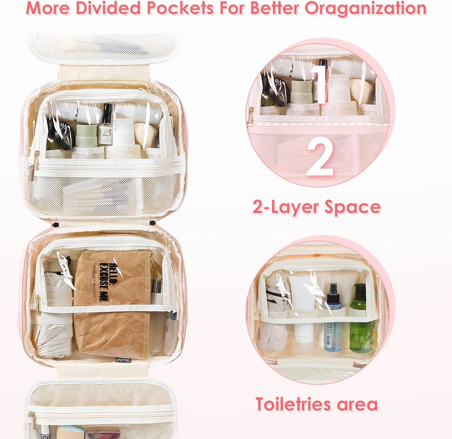 Toiletry Bag Hanging Travel Toiletry Makeup Bag with Hanging Hook Transparent Cosmetic Bag Make up Bag for Women (Pink)