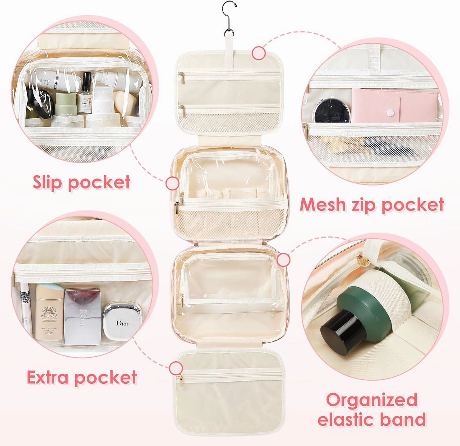 Toiletry Bag Hanging Travel Toiletry Makeup Bag with Hanging Hook Transparent Cosmetic Bag Make up Bag for Women (Pink)