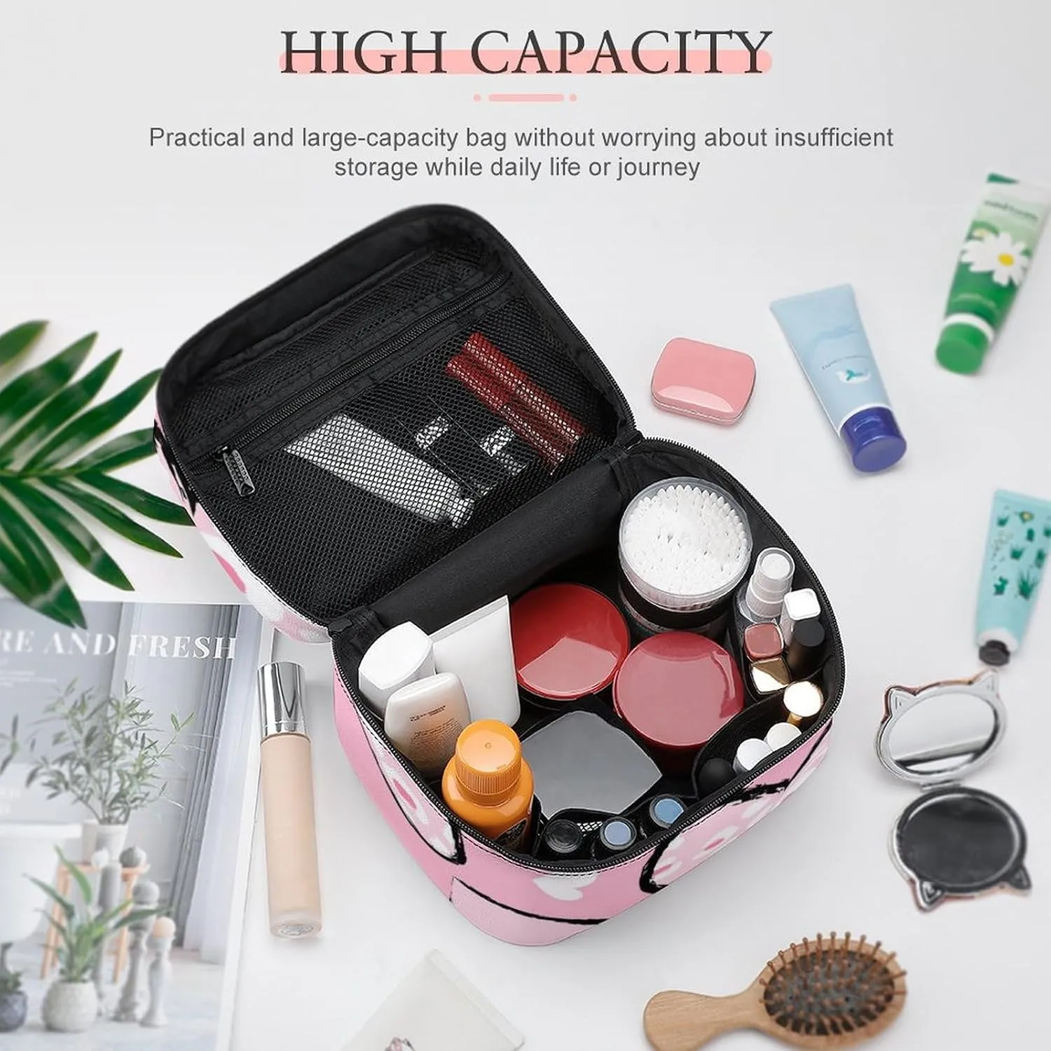 Travel Cosmetic Cases for Women, Multifunctional Makeup Organizer Bag, Love Hearts Girls Cute Pink Toiletry Storage Bag with Handle and Divider