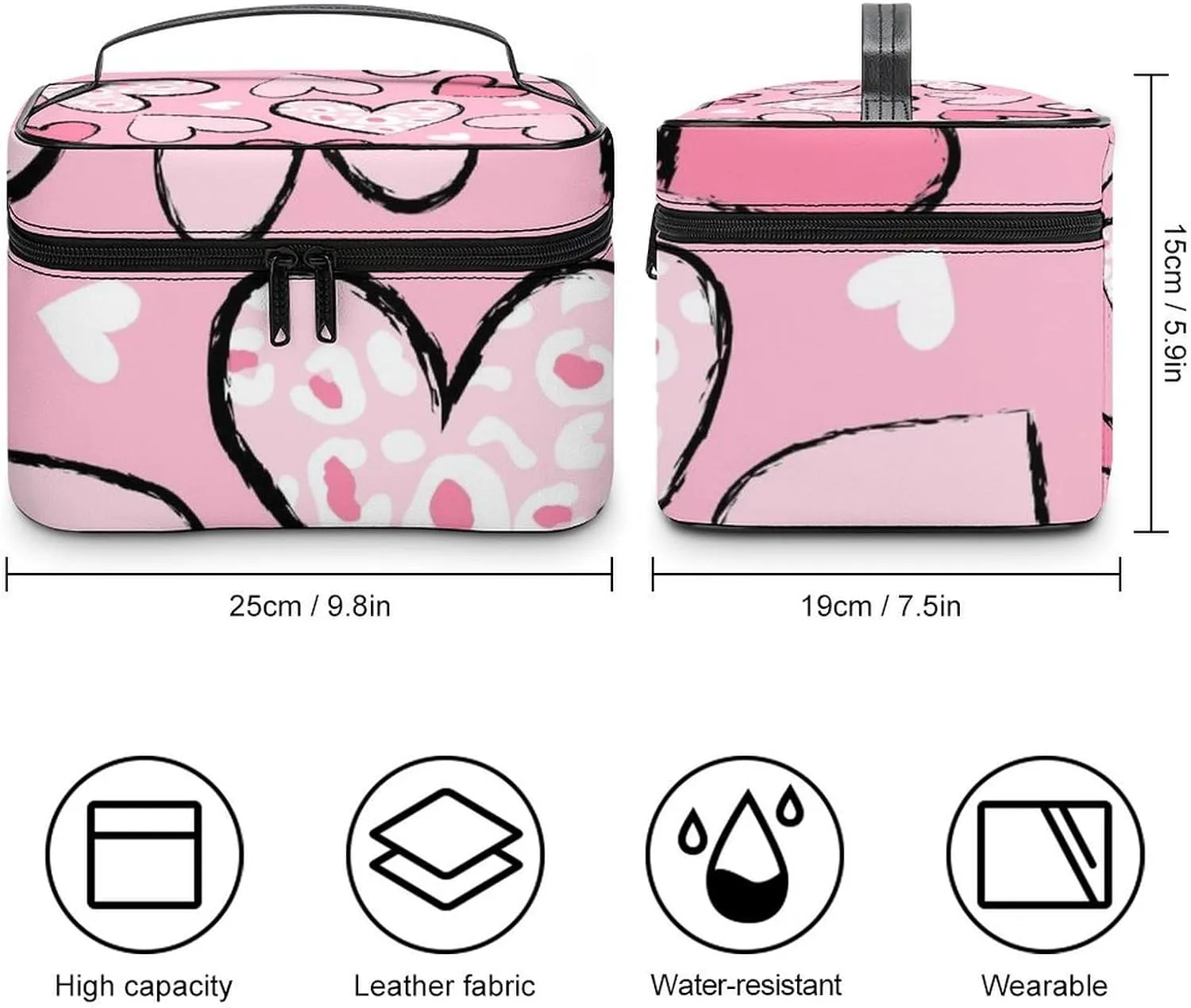 Travel Cosmetic Cases for Women, Multifunctional Makeup Organizer Bag, Love Hearts Girls Cute Pink Toiletry Storage Bag with Handle and Divider