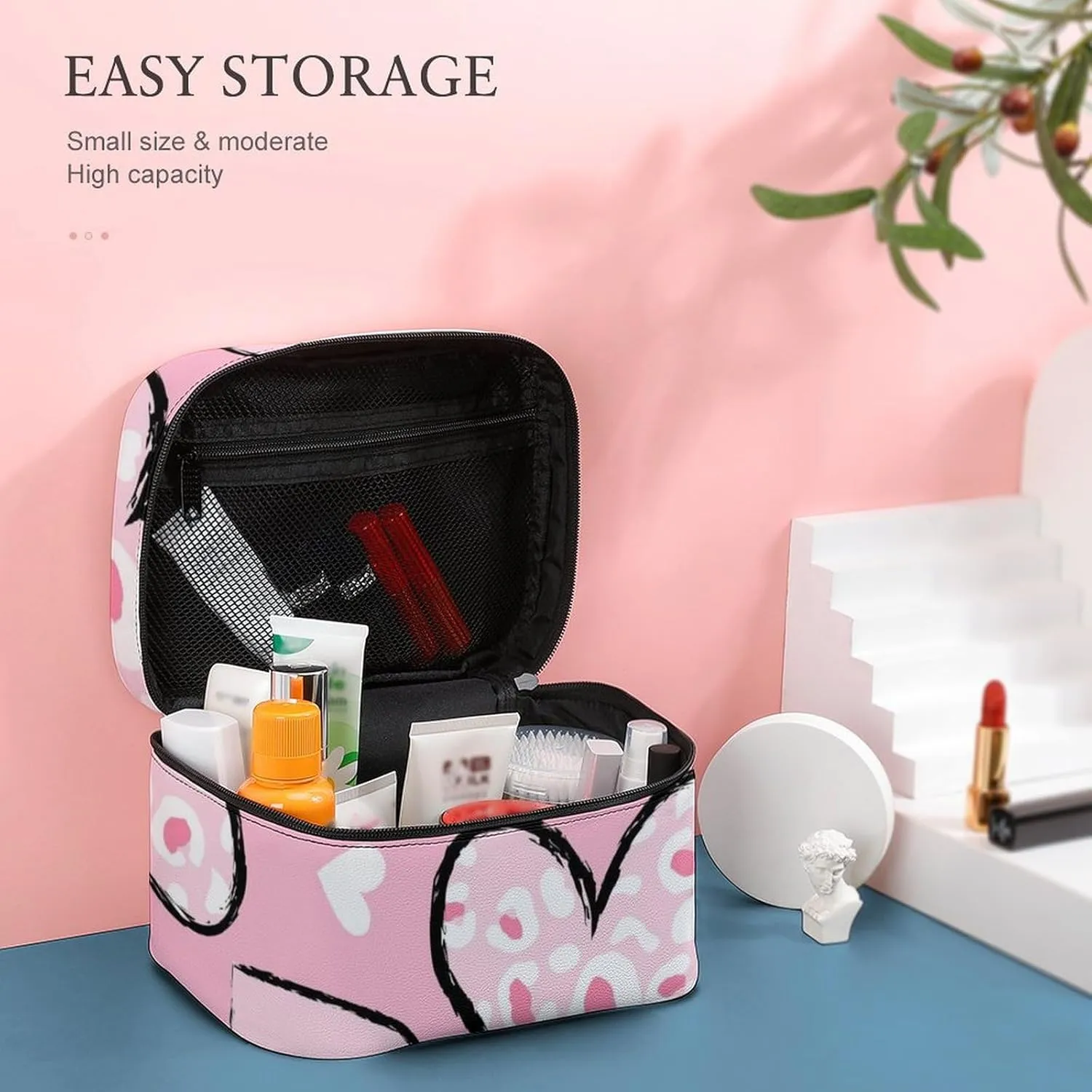 Travel Cosmetic Cases for Women, Multifunctional Makeup Organizer Bag, Love Hearts Girls Cute Pink Toiletry Storage Bag with Handle and Divider