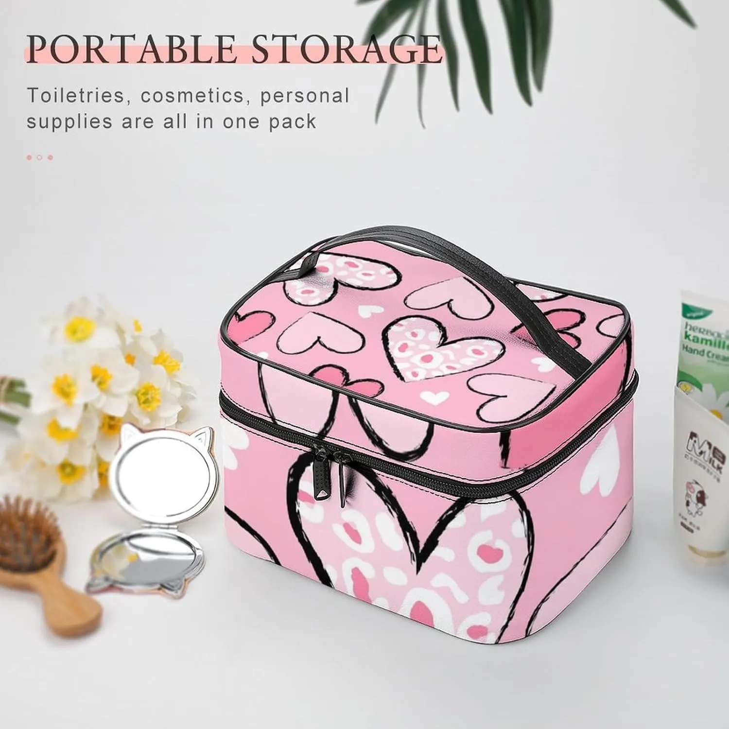 Travel Cosmetic Cases for Women, Multifunctional Makeup Organizer Bag, Love Hearts Girls Cute Pink Toiletry Storage Bag with Handle and Divider