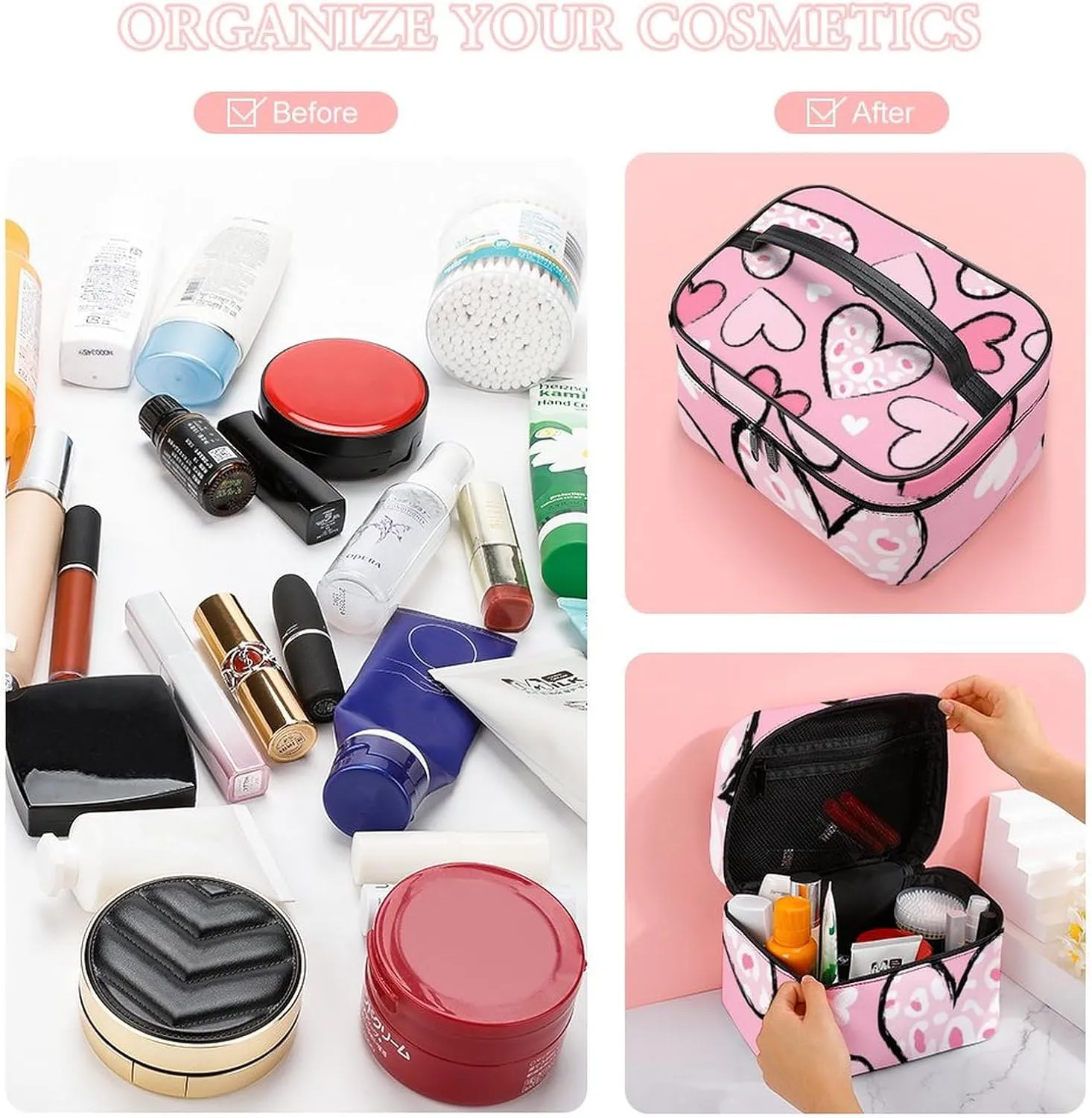 Travel Cosmetic Cases for Women, Multifunctional Makeup Organizer Bag, Love Hearts Girls Cute Pink Toiletry Storage Bag with Handle and Divider