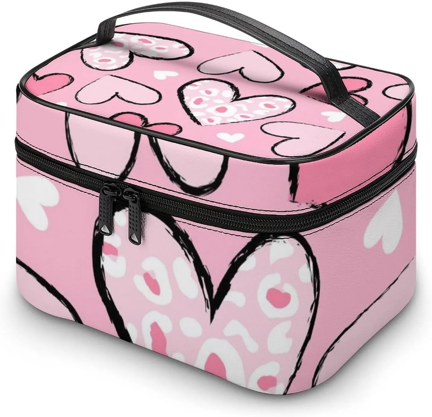 Travel Cosmetic Cases for Women, Multifunctional Makeup Organizer Bag, Love Hearts Girls Cute Pink Toiletry Storage Bag with Handle and Divider
