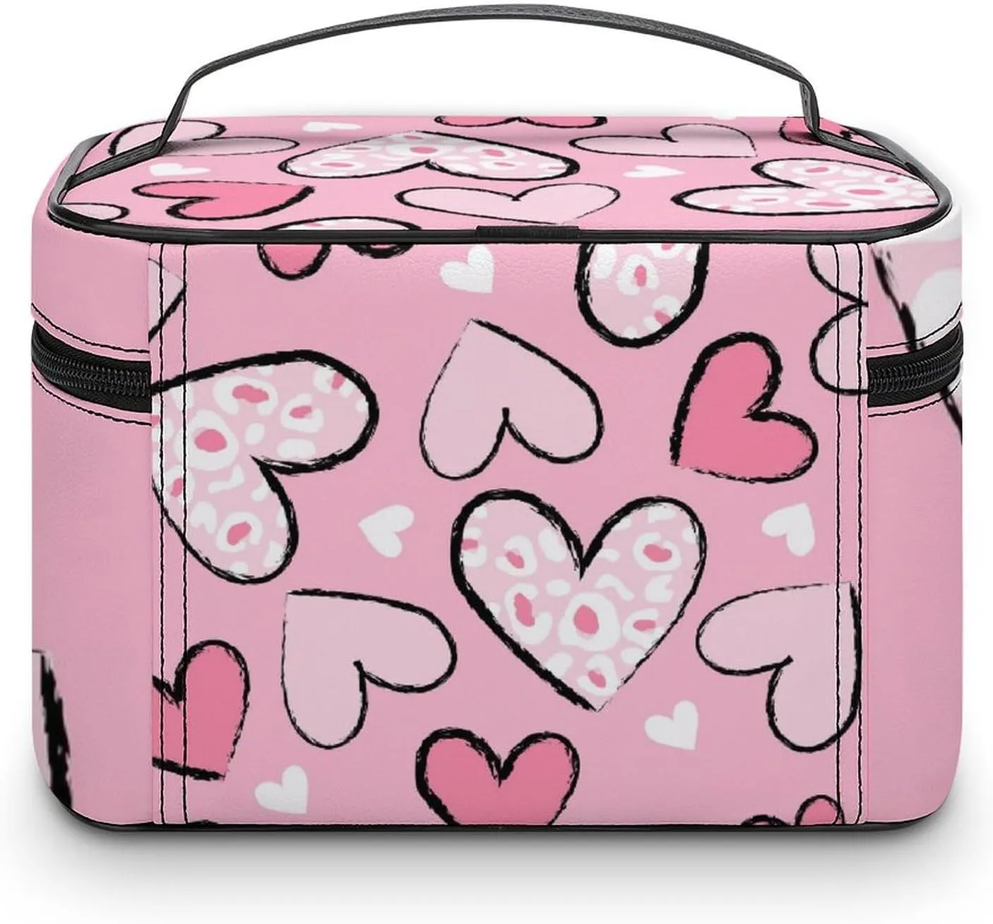 Travel Cosmetic Cases for Women, Multifunctional Makeup Organizer Bag, Love Hearts Girls Cute Pink Toiletry Storage Bag with Handle and Divider