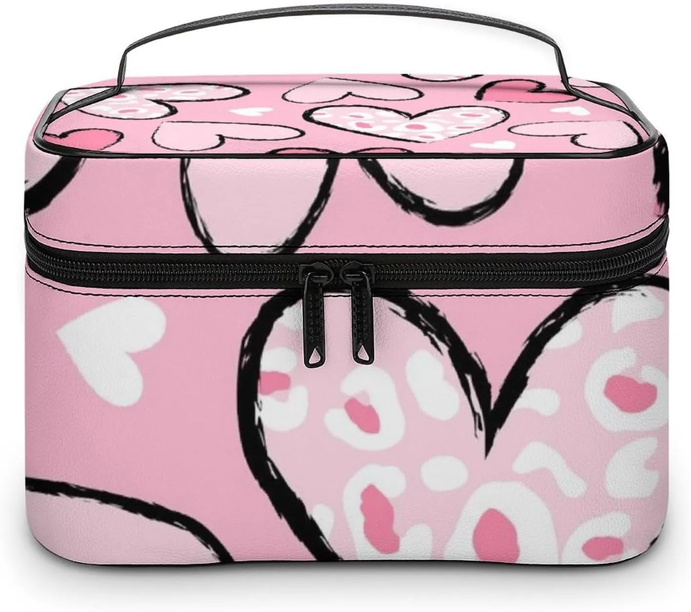 Travel Cosmetic Cases for Women, Multifunctional Makeup Organizer Bag, Love Hearts Girls Cute Pink Toiletry Storage Bag with Handle and Divider