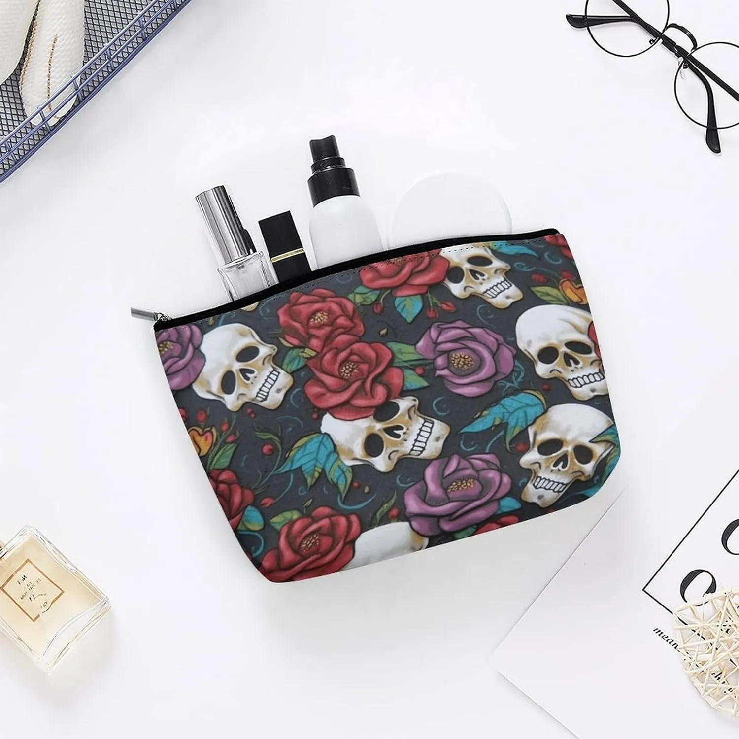 Travel Makeup Bag Portable Cosmetic Bag Sugar Skull Flowers Makeup Storage Bag for Women/girl