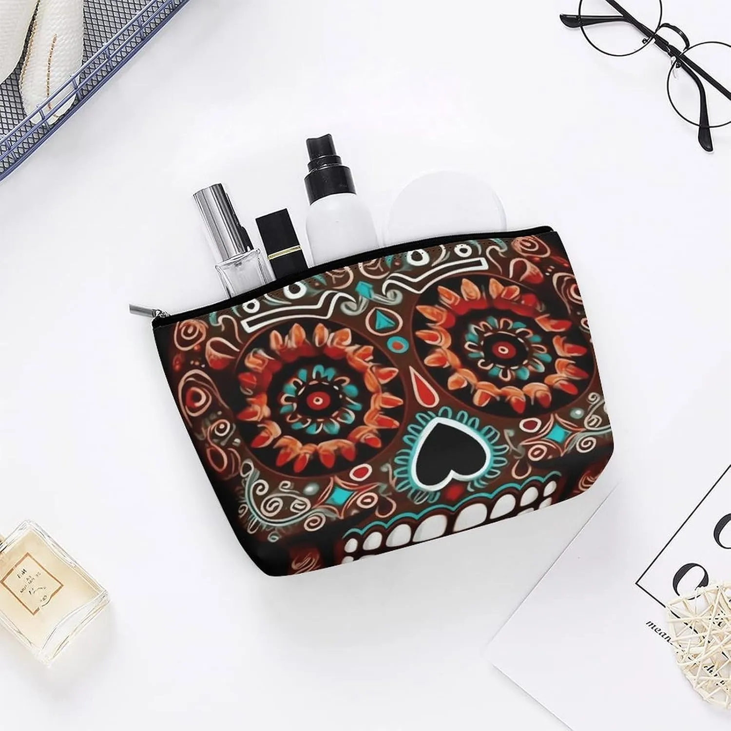 Travel Makeup Bag Portable Cosmetic Bag Sugar Skulls Day of The Dead Makeup Storage Bag for Women/girl