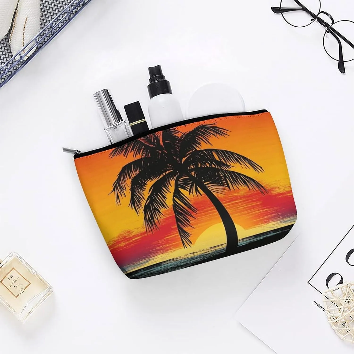 Travel Makeup Bag Portable Cosmetic Bag Sunset Palm Tree Makeup Storage Bag for Women/girl
