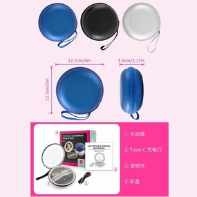 Travel PU Cosmetic Mirror Case 3 Color Modes LED Makeup Mirror With Zipper Storage Case for Lipstick/Mini Cosmeti/Keys/Accessories (Silver)