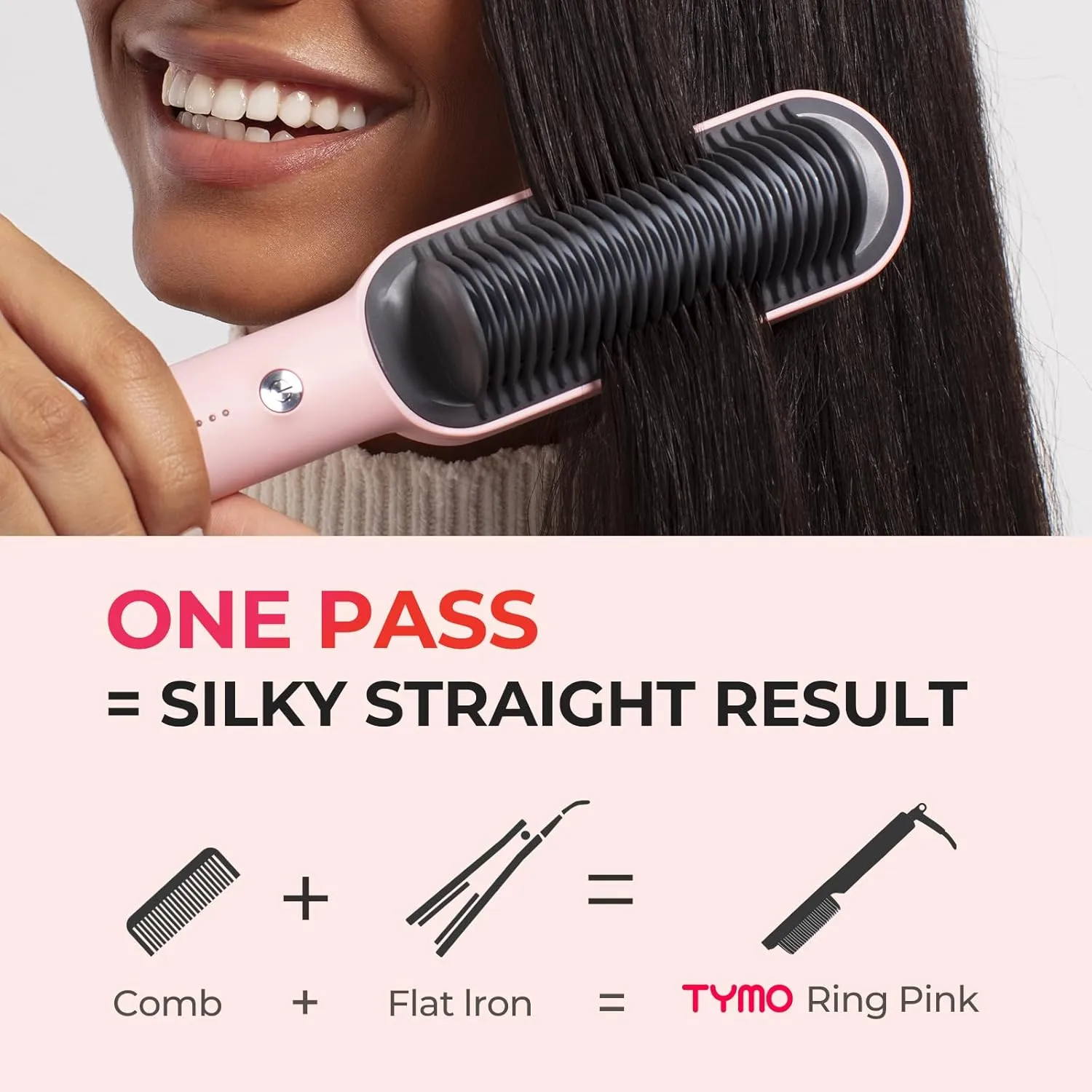 TYMO Ring Hair Straightener Brush – Hair Straightening Iron with Built-in Comb, 20s Fast Heating & 5 Temp Settings & Anti-Scald, Perfect for Professional Salon at Home, Sakura Pink