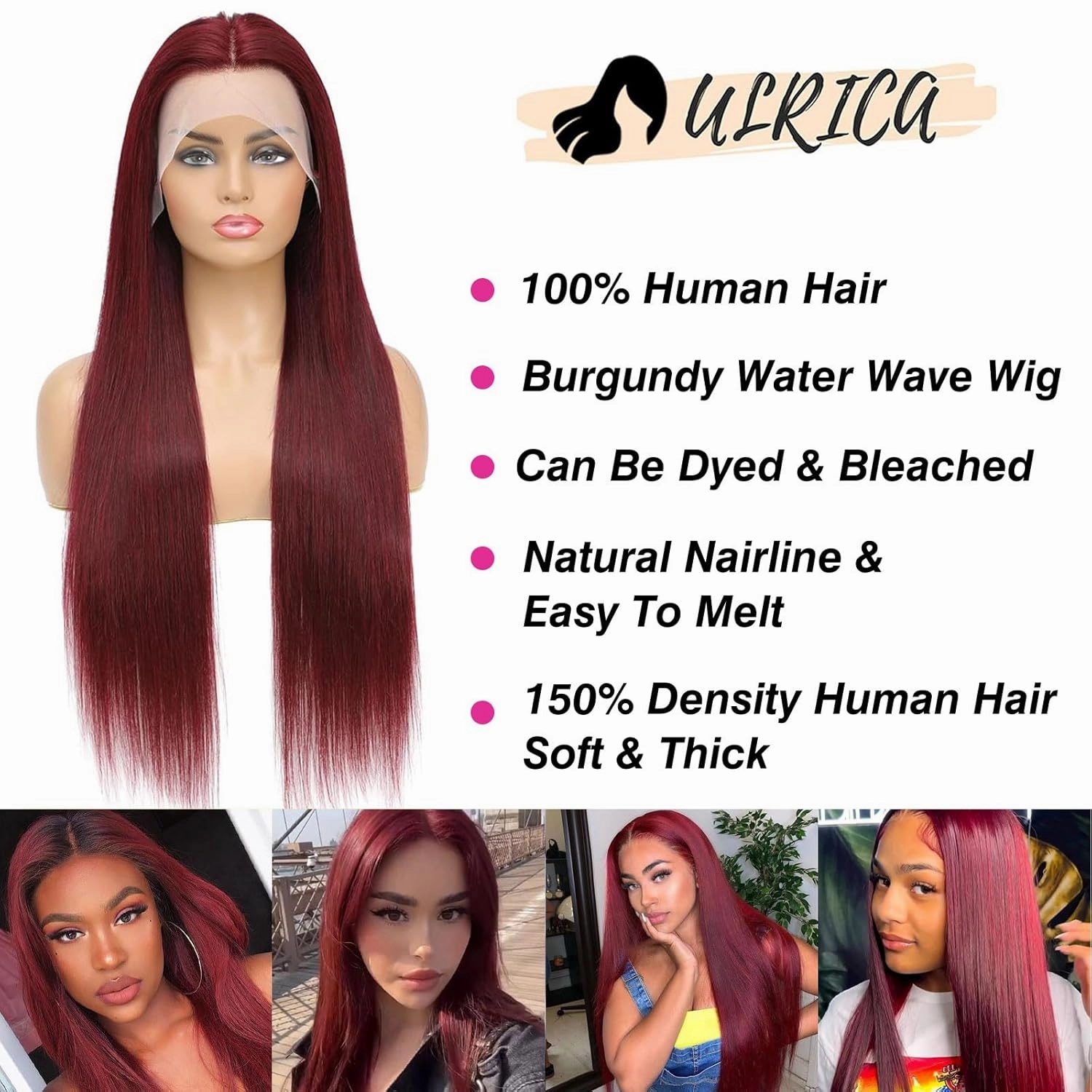 ULRICA 99J Burgundy Lace Front Wigs Human Hair Wigs for Black Women 26 Inch 13x4 HD Lace Burgundy Wig Human Hair Pre Plucked Red Lace Front Wigs 180% Density Straight Burgundy Human Hair Wig