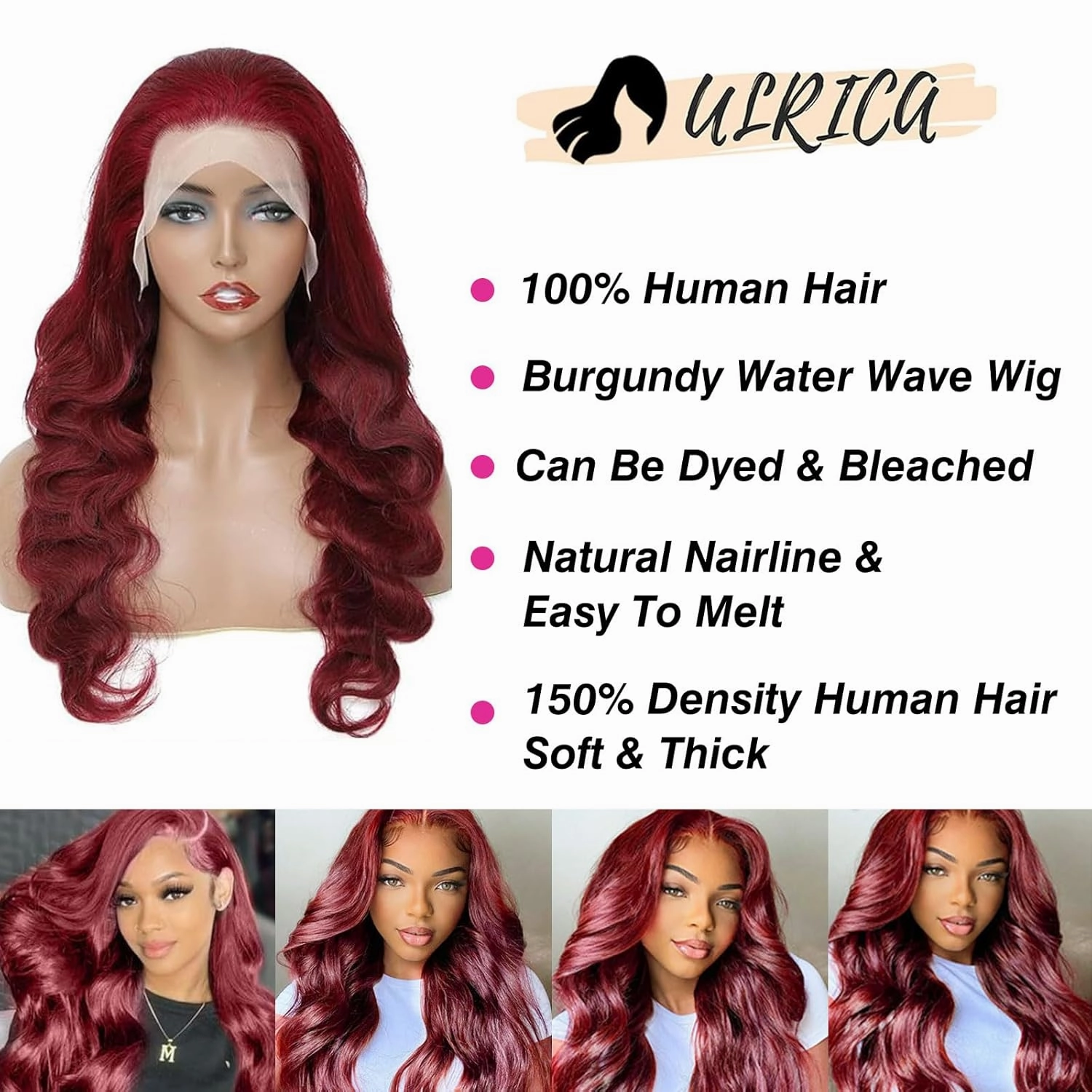 ULRICA Burgundy Lace Front Wigs Human Hair Wigs for Women Body Wave Burgundy Wig Human Hair Pre Plucked 13x4 HD Lace 99J Wine Red Lace Front Wig 26 Inch 180% Density