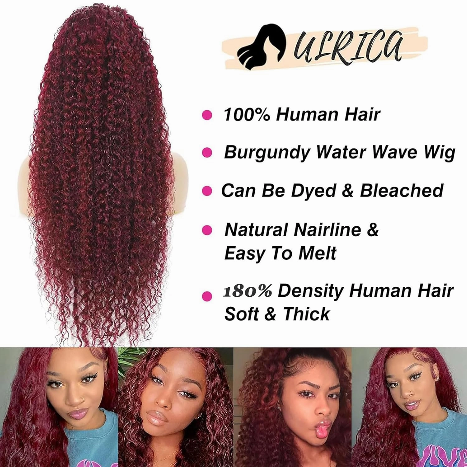 ULRICA Burgundy Wig Human Hair 26 Inch Water Wave 99J Burgundy Lace Front Wigs Human Hair Wigs for Women 13x4 HD Lace Front Wigs Human Hair Pre Plucked Wine Red Wigs Burgundy Wig