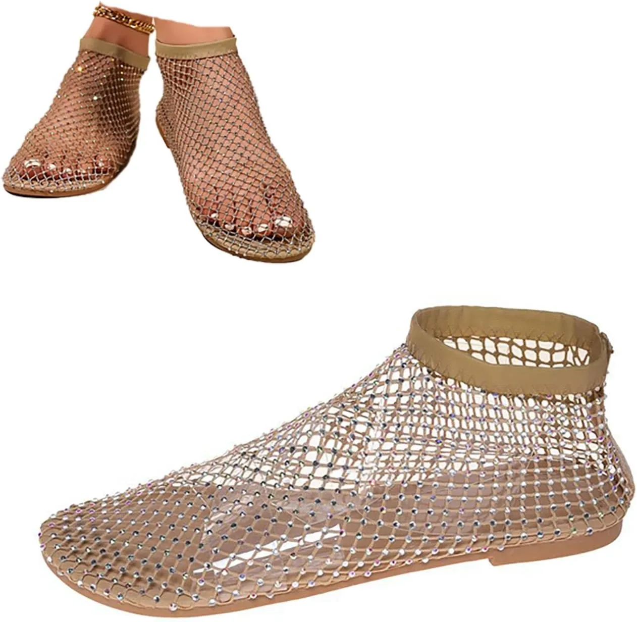 Ultra Comfortable Shiny Gem Mesh Flats for Women,Fashion Diamonds Mesh Fishnet Shoes Casual Elasticity Slip On Mesh Flat Shoes