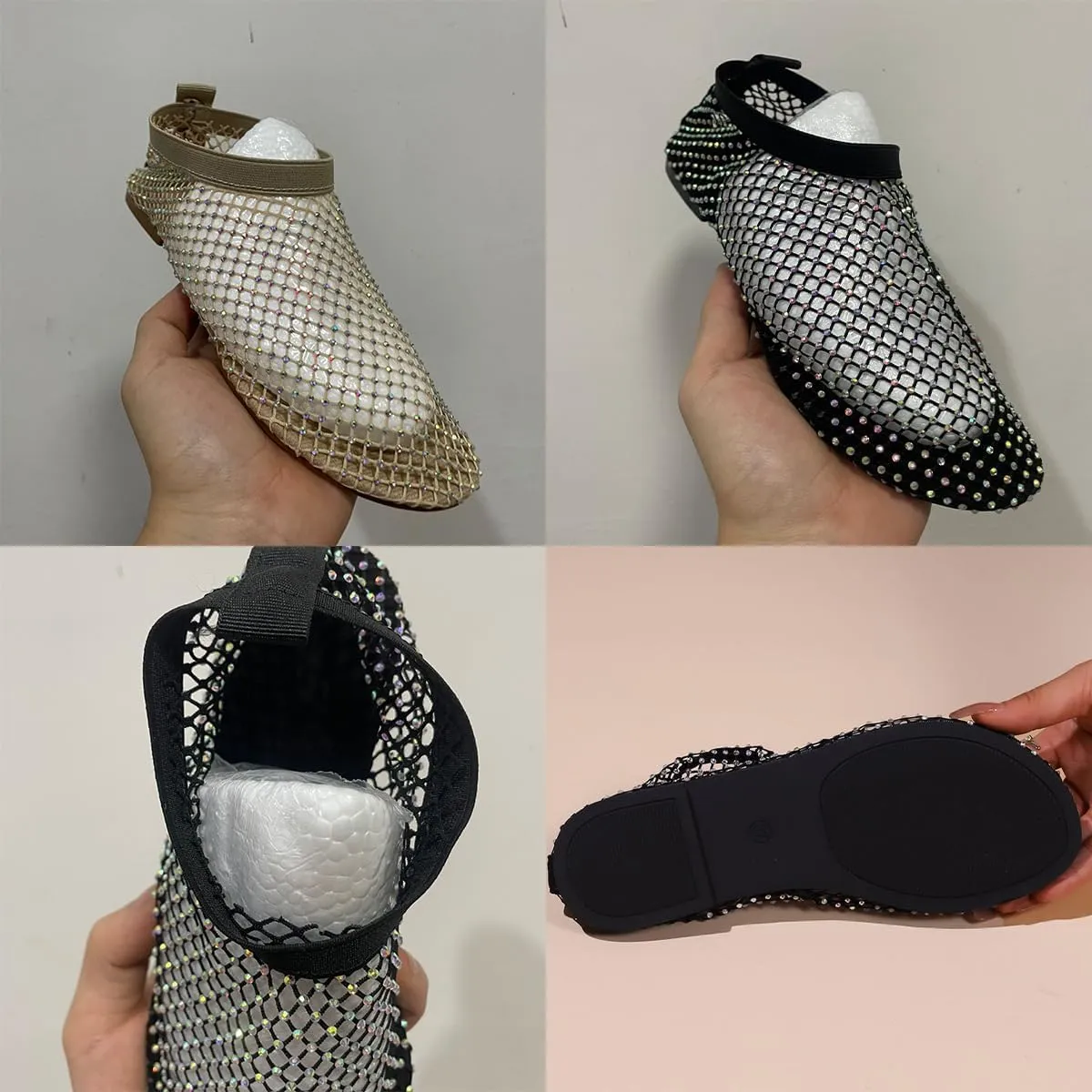 Ultra Comfortable Shiny Gem Mesh Flats for Women,Fashion Diamonds Mesh Fishnet Shoes Casual Elasticity Slip On Mesh Flat Shoes