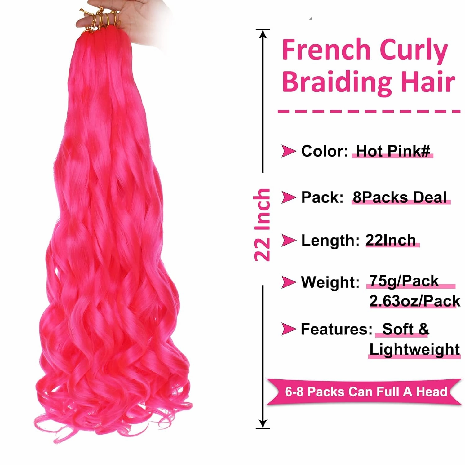 Unionbeauty Hot Pink French Curly Braiding Hair 22 Inch Pre Stretched Bouncy Braiding Hair with Curly Wavy Ends 8 Paks Rose Pink French Curl Braids Spiral Curly Crochet Hair for Black Women