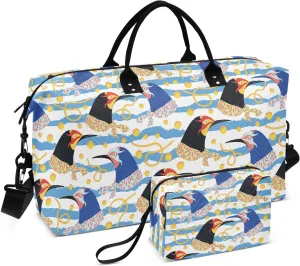 VIGTRO Travel Duffel Bag Weekender Overnight Bag with Toiletry Bag Birds Golden Chains Printed, Carry On Luggage Bag for Hospital Gym Travel Business, 2 Pcs Set