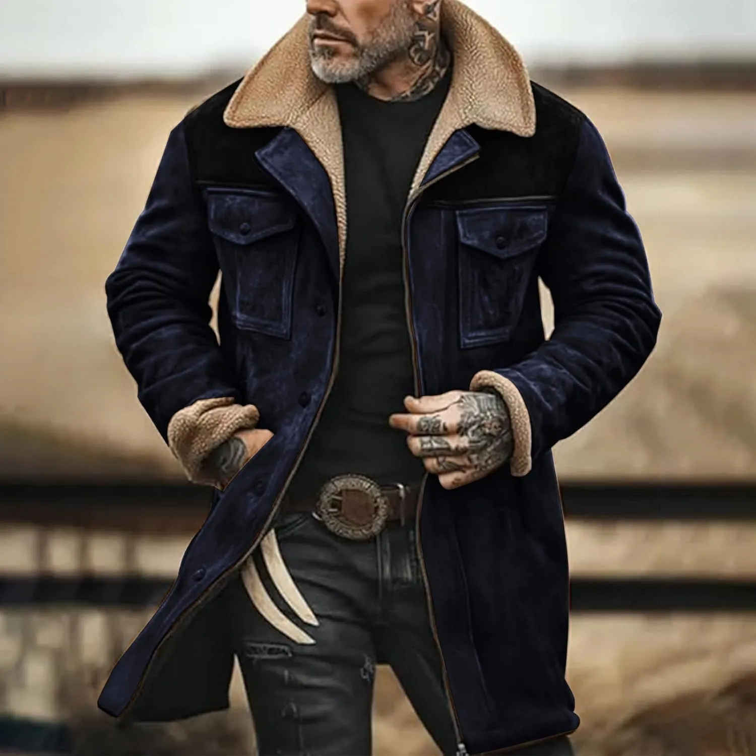 Vintage Suede Pocket Plush Reversed Collar Mens Outdoor Jacket Coat Retro Fashion Tops Warm Winter Shacket Outerwear